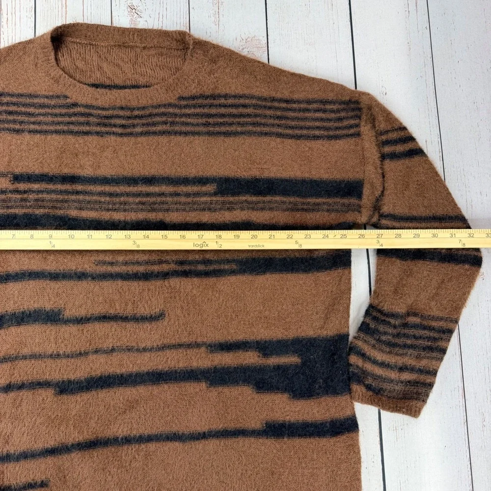 Unbranded Brown Black Abstract Stripe Wool Blend Fuzzy Knit Sweater Mens XL